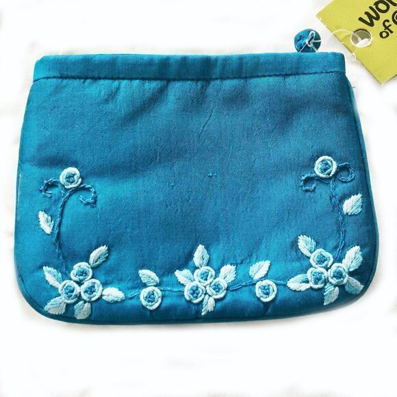 Turquoise Blue silk embroidered Clutch Bag Set NWT - Picture 4 of 7